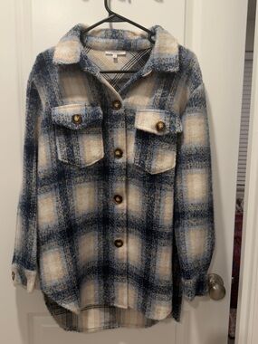 NanaMacs Blue & Cream Plaid Button Shirt Jacket